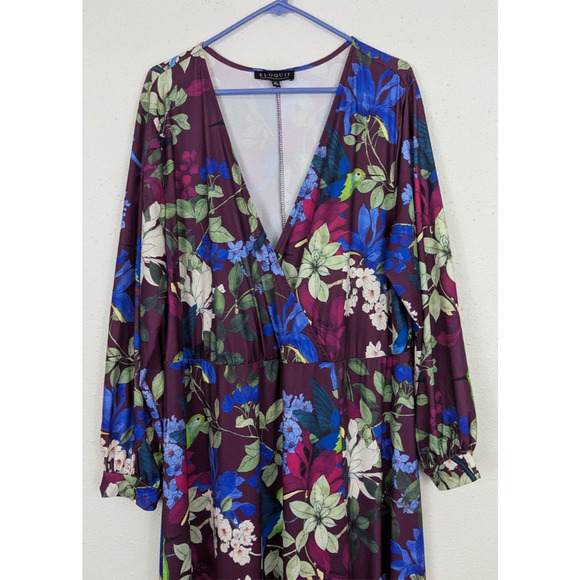 Eloquii sz 20 Faux Wrap Maxi length Dress bird floral print slinky ls 3133 - Picture 2 of 6
